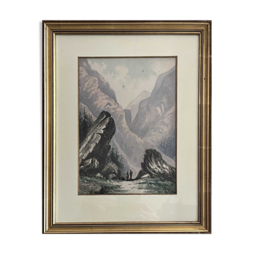 Original watercolour painting "Animated Mountain Landscape" Switzerland? + frame