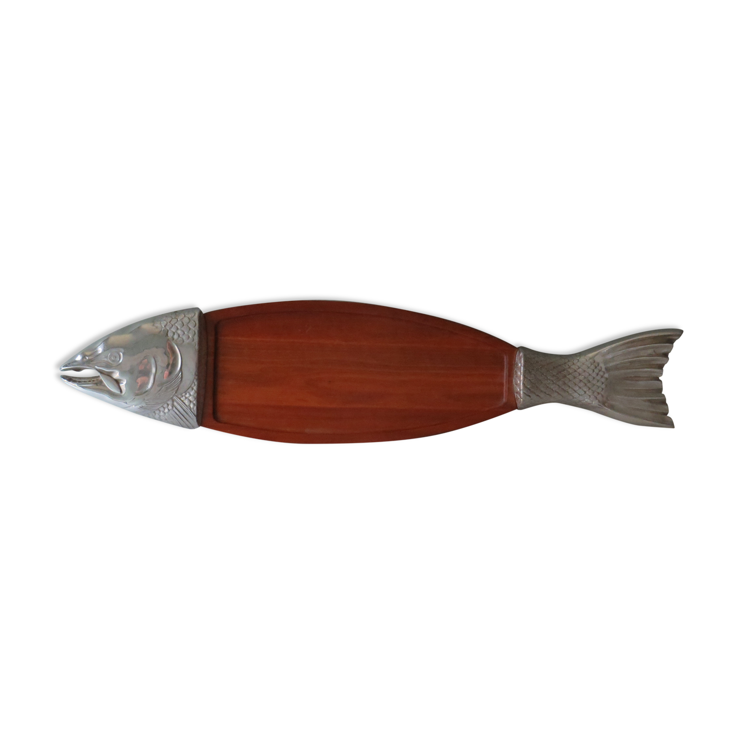 Serving dish, teak fish and silver metal