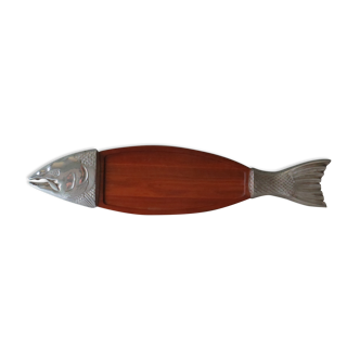 Serving dish, teak fish and silver metal