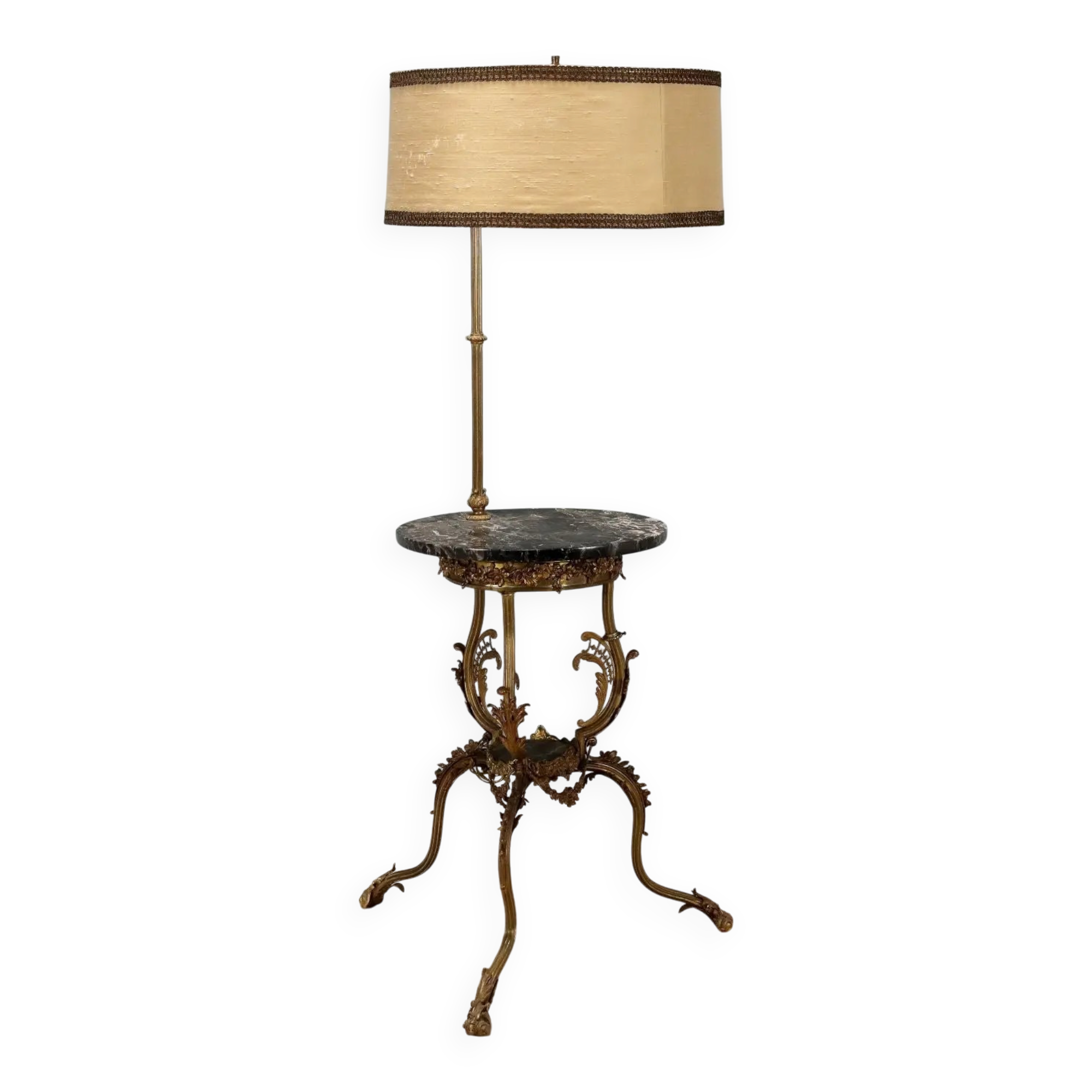 Lampadaire ancien avec table d’appoint en bronze et marbre, Italie, XXe siècle