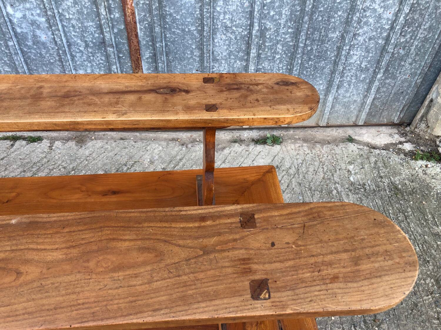 Antique farmhouse table in solid cherry wood with its 2 benches