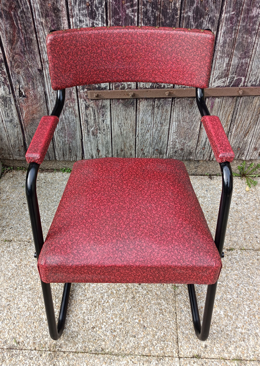 Design armchair, metal and red skai, vintage, 50s