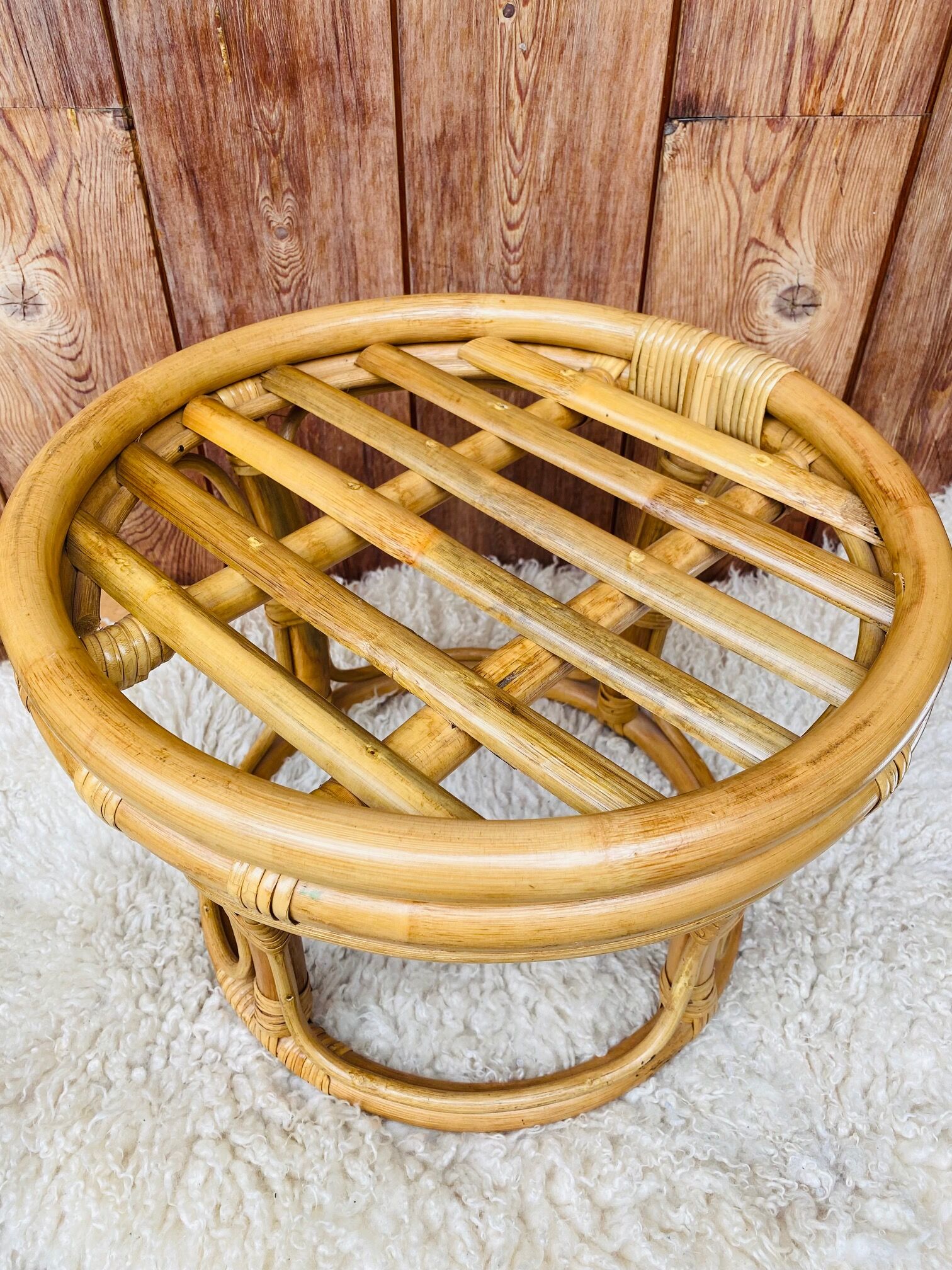 Pouf in rattan and bamboo natural color 70s.