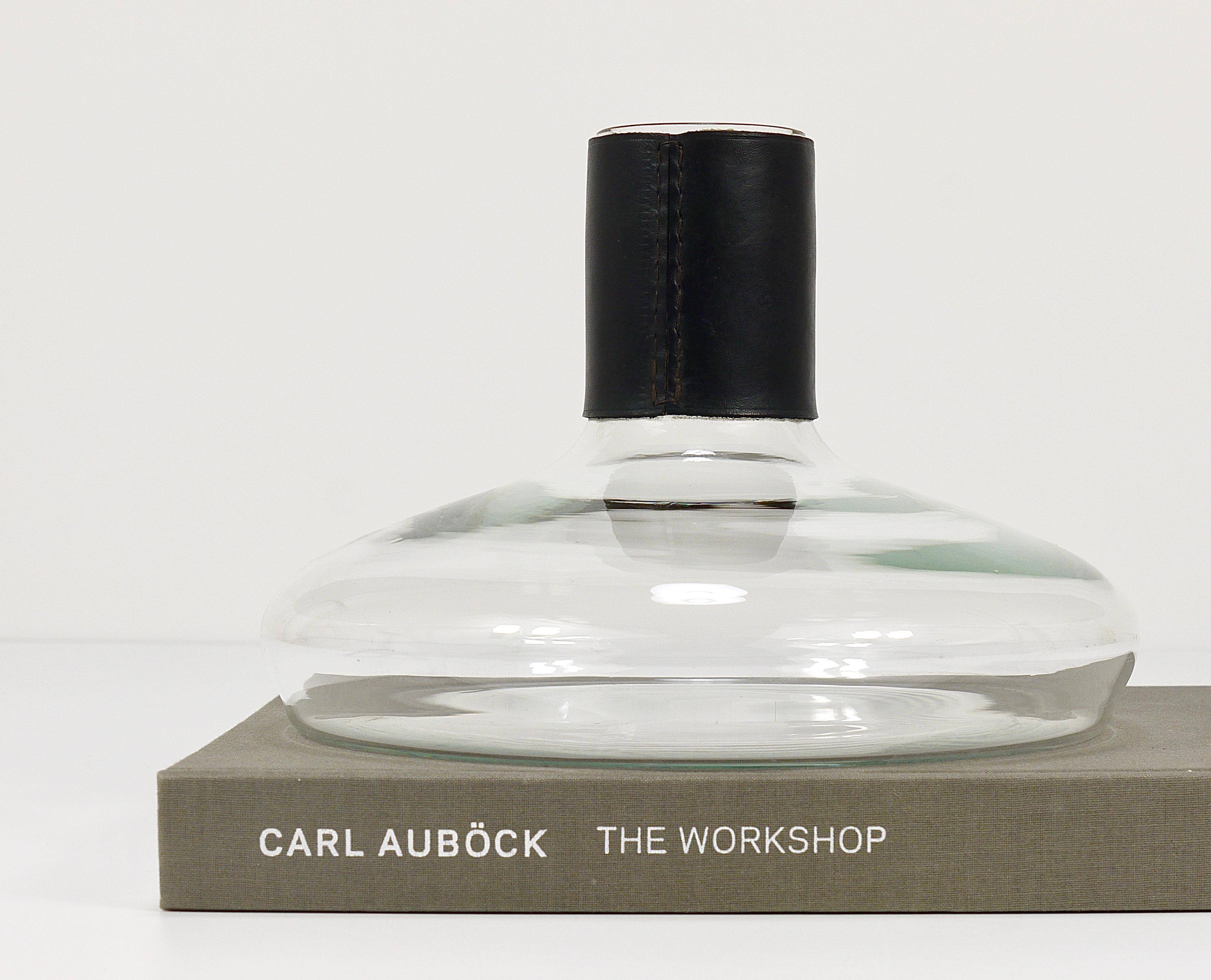 Vase Carafe Carl Aubock II with Black Leather Top, Midcentury, Austria, 1950s