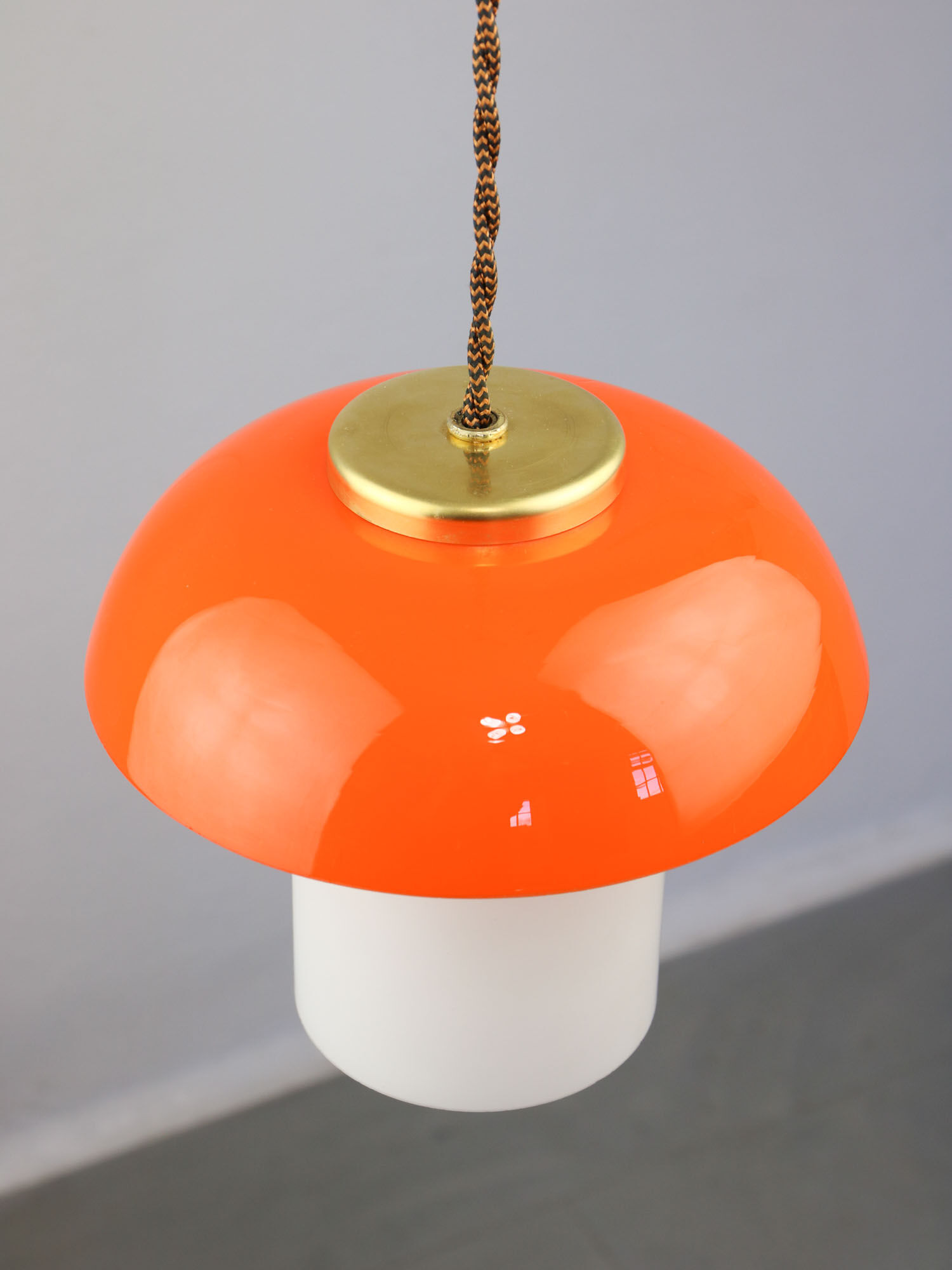 Mid-century orange glass & brass mushroom pendant lamp