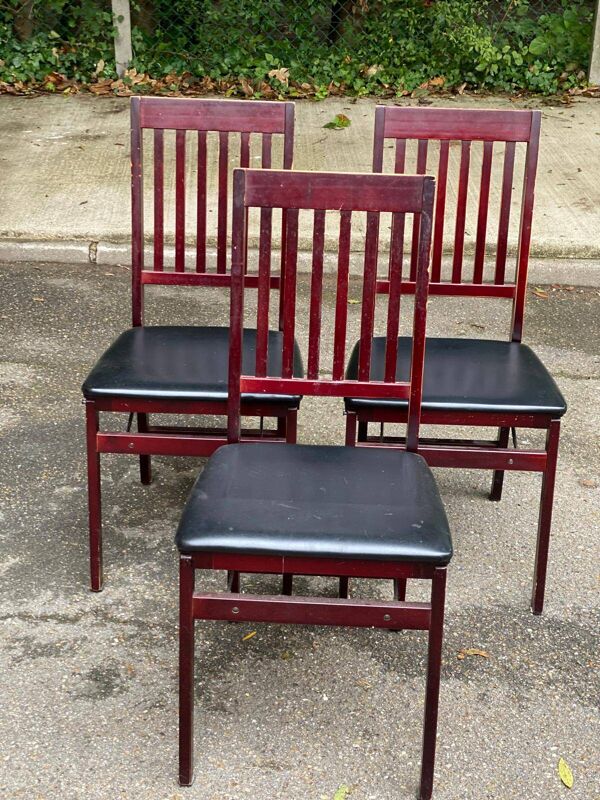 3 chaises design scandinave 1970 bois massif bordeaux et cuir noir