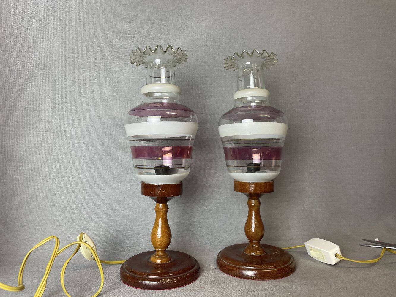 Portuguese Farmhouse rustic wooden table lamps with torch glass shades, 1970s, Set of 2