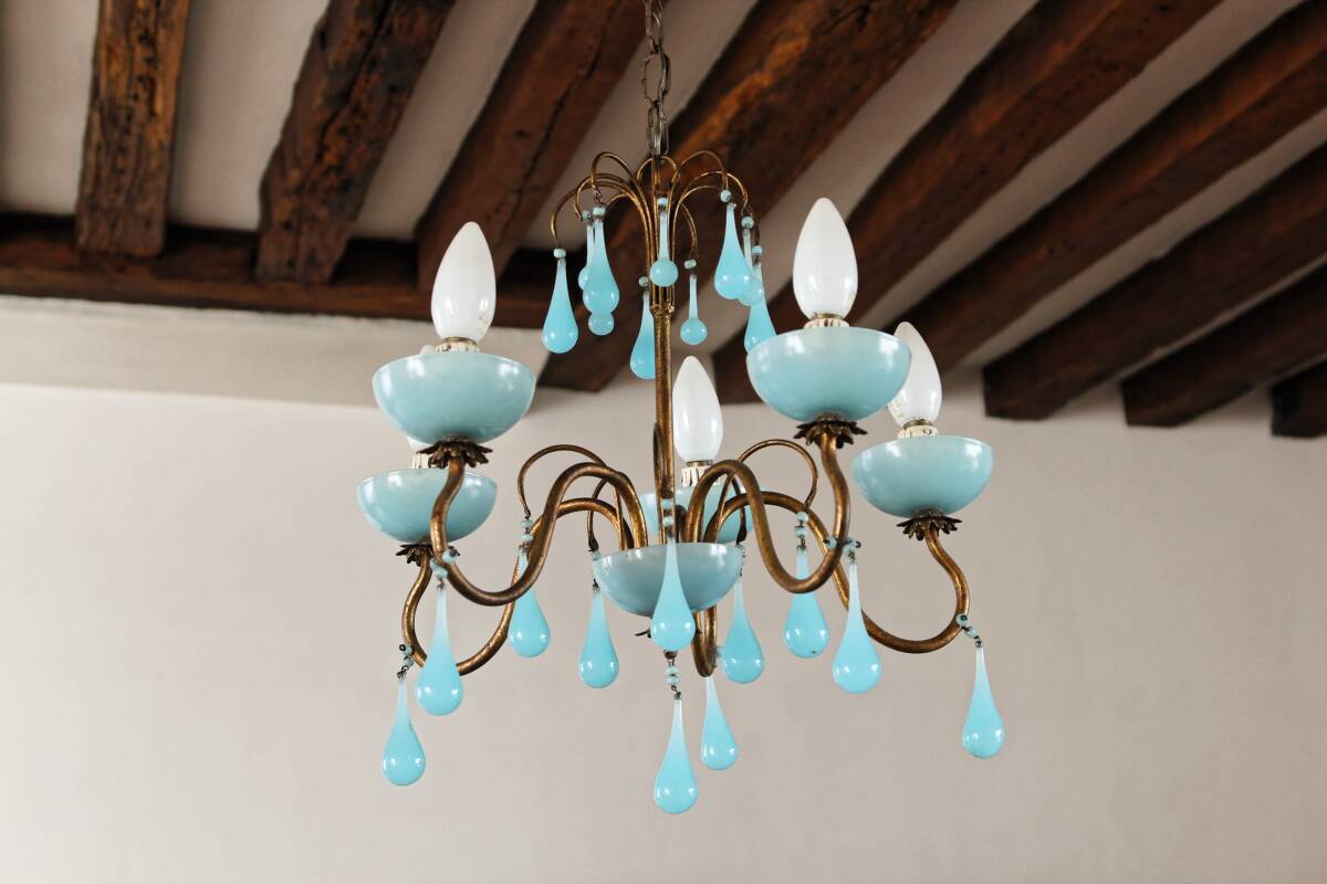 5-light chandelier in brass and blue opaline, 1950s