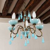 Lustre 5 feux en laiton et opaline bleue, années 50