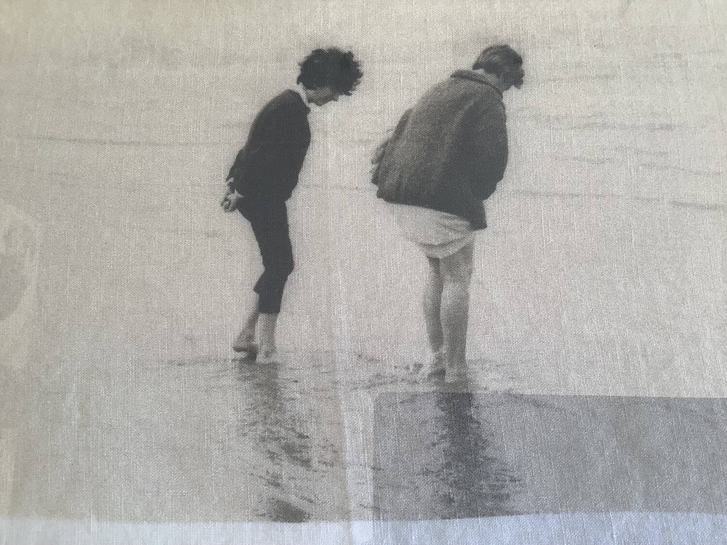 Black and white photo on fabric, framed
