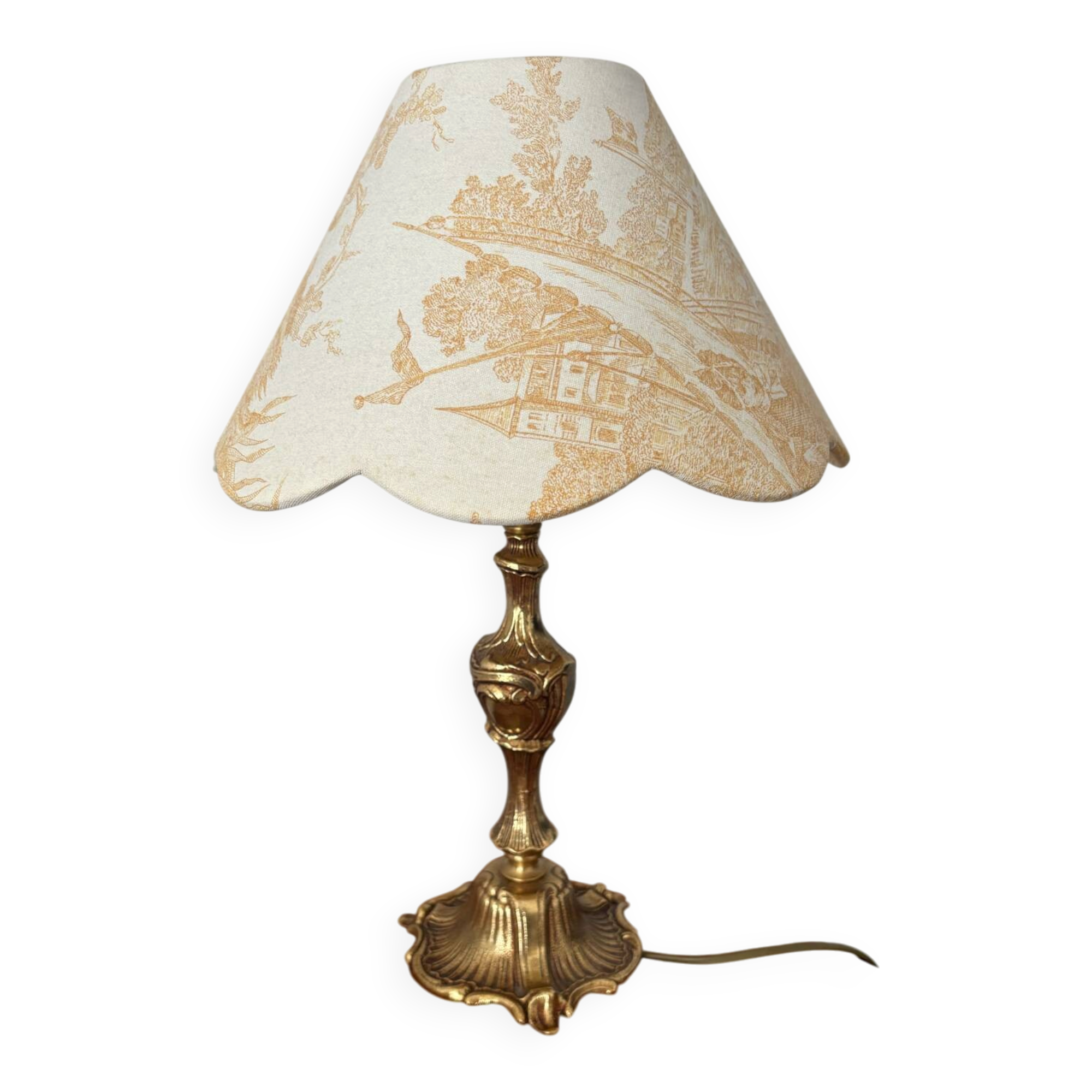 Antique brass lamp - bronze lampshade with toile de Jouy – Vintage lamp