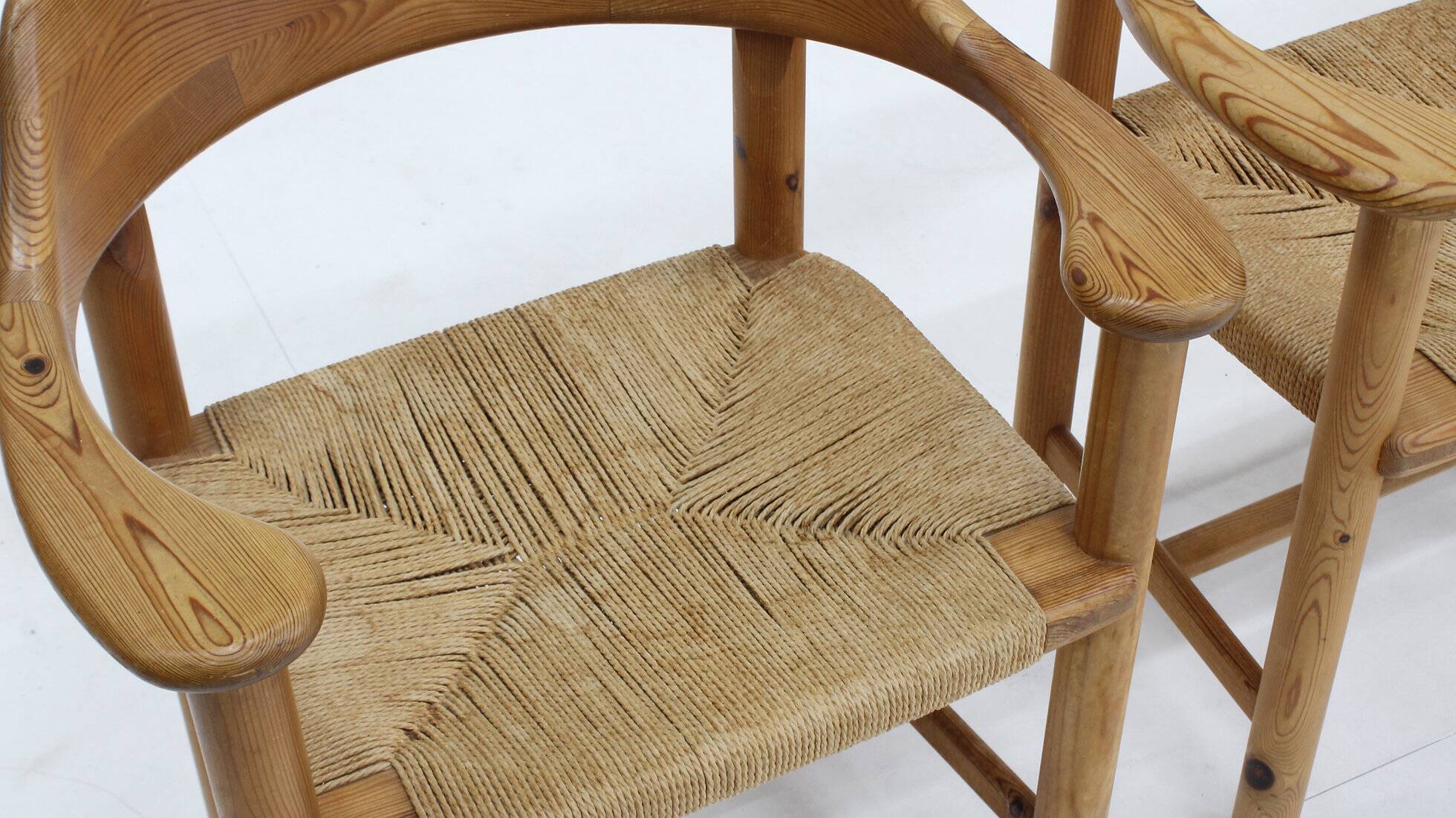 Set vintage dining table and dining chairs pine wood papercord