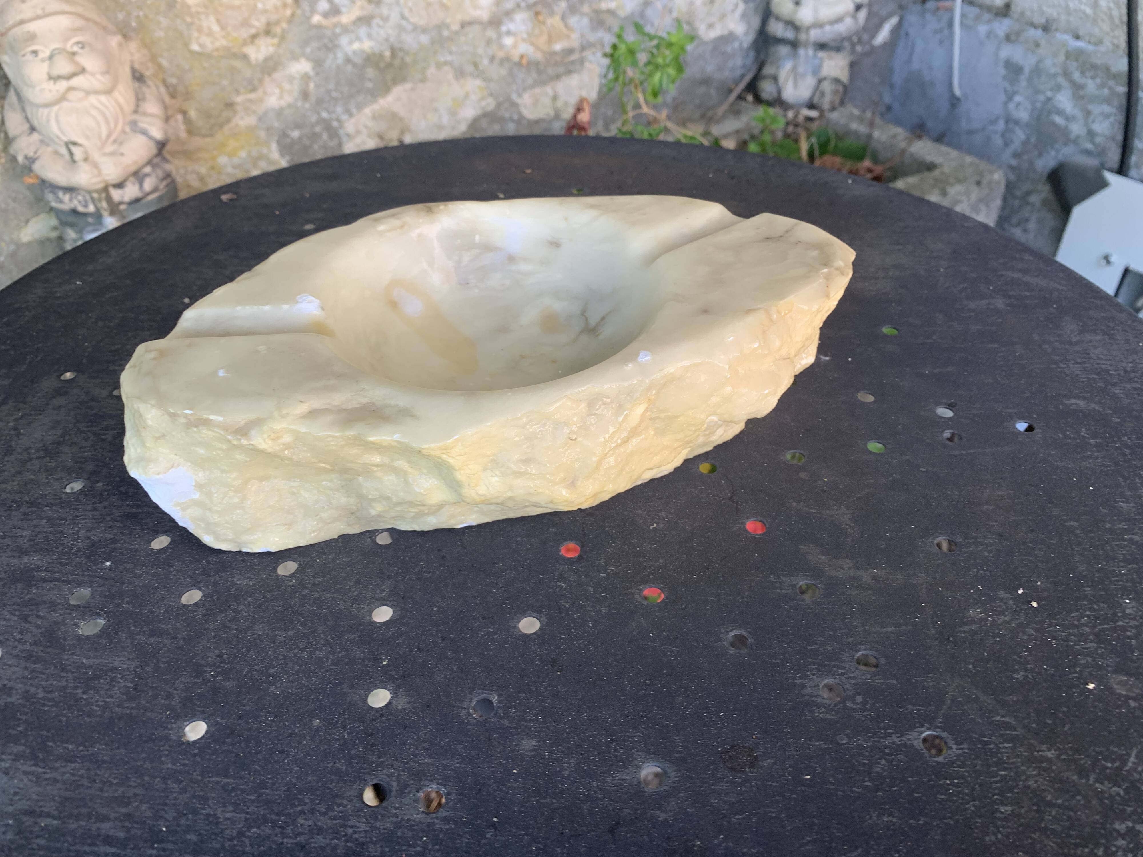 Large marble ashtray, white, beige, gray veins, vintage stone