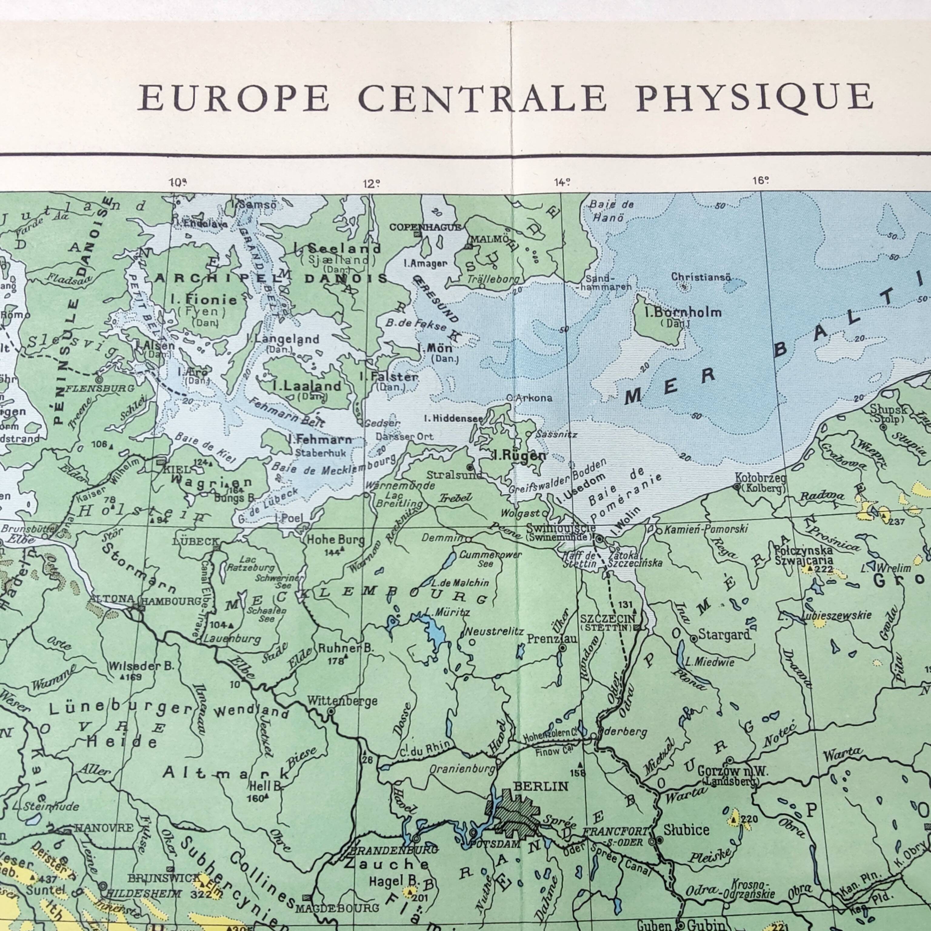 Old map of Northern Europe, Germany, Poland, Denmark, 43x43cm, from 1950