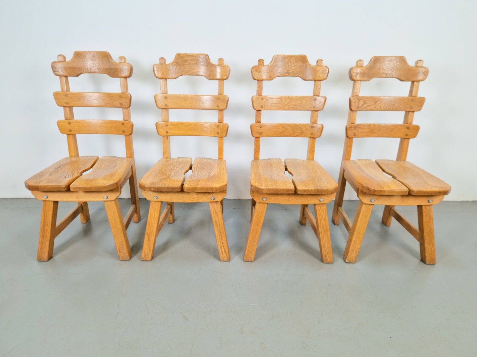 Dutch Brutalist Dining Chairs with Ladder Backrests in Oak, 1960s, Set of 4