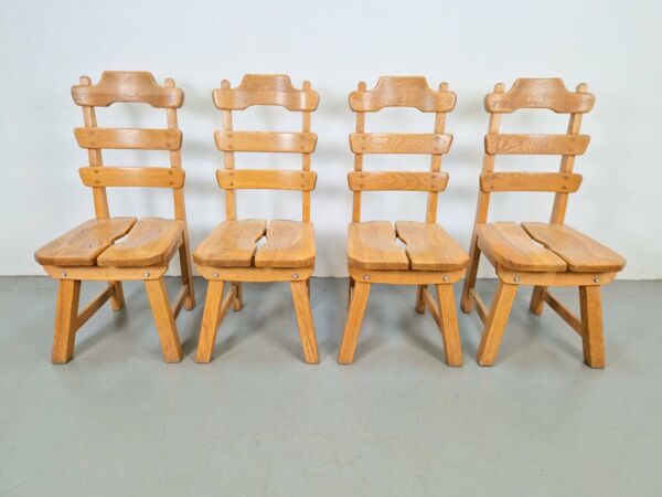 Chaises de salle à manger brutales néerlandaises avec dossiers en échelle en chêne, années 1960, ensemble de 4