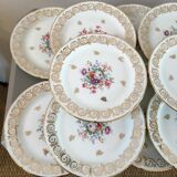 Set 12 assiettes dessert porcelaine fleurs et dorure