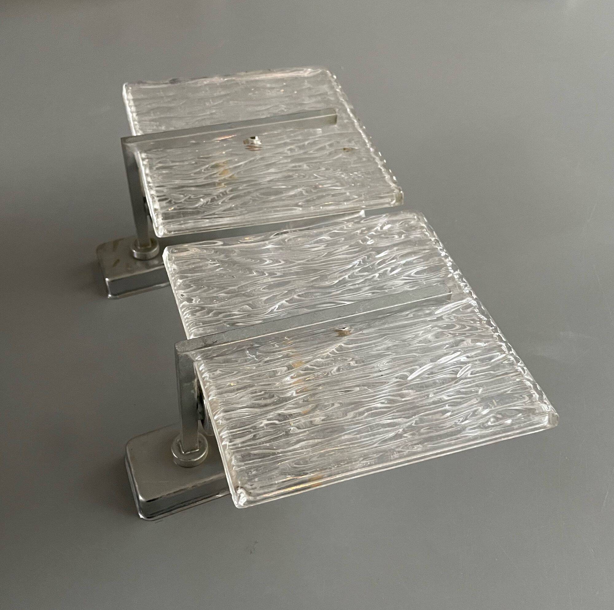Set of vintage wall lights, ‘ice’ glass and metal, 1970s