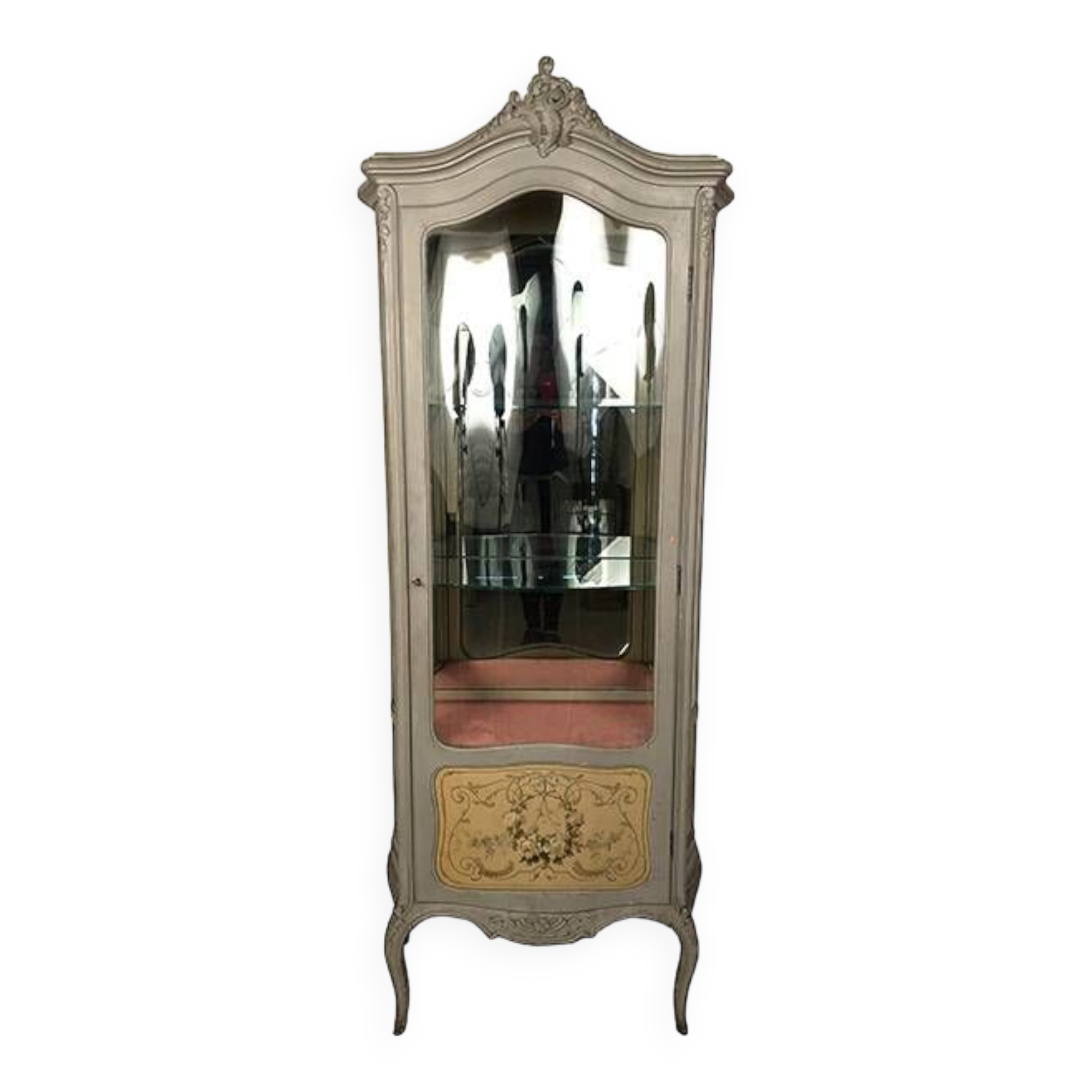 Lively rockery style display case in gray lacquered wood and painted flower decoration. Around 1900