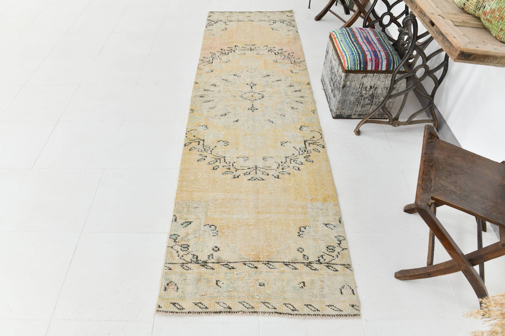 3x9 Beige & Yellow Turkish Vintage Runner Rug, 80x281Cm SK 23538