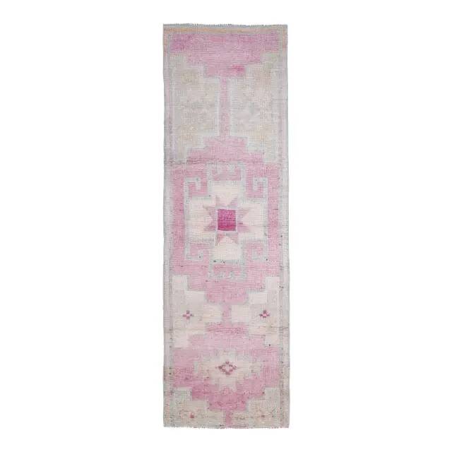 Vintage Turkish Oushak handmade wool cotton pink runner rug 100x320