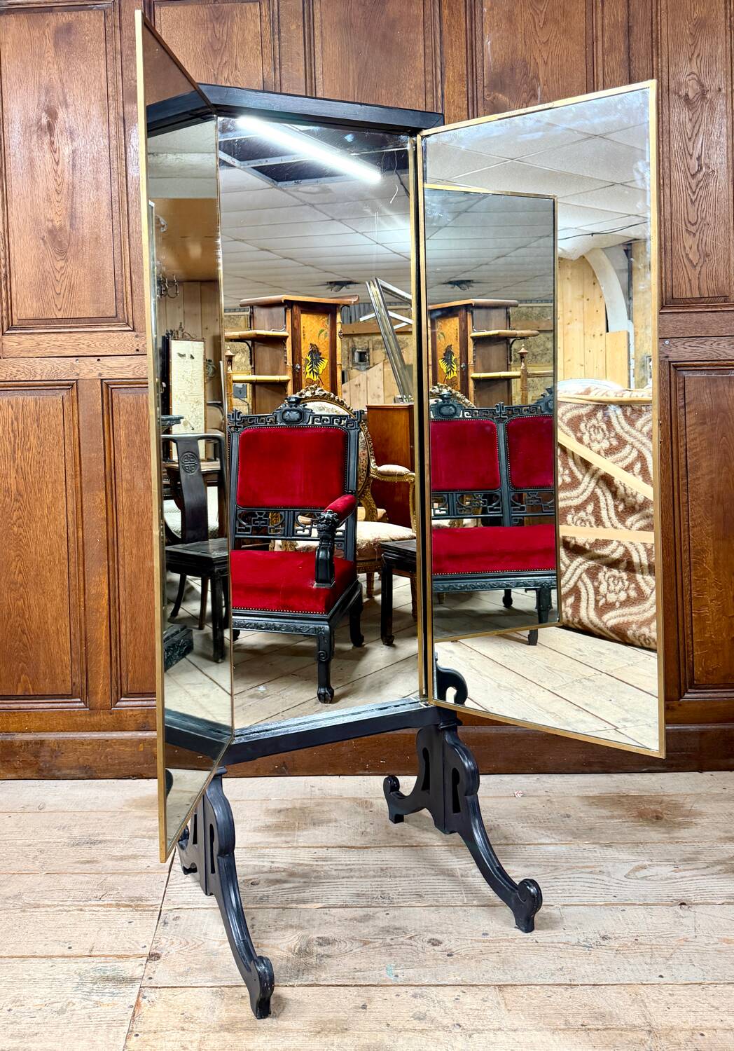 Brot mirror on legs, triptych glass in blackened wood, brass, Art Deco