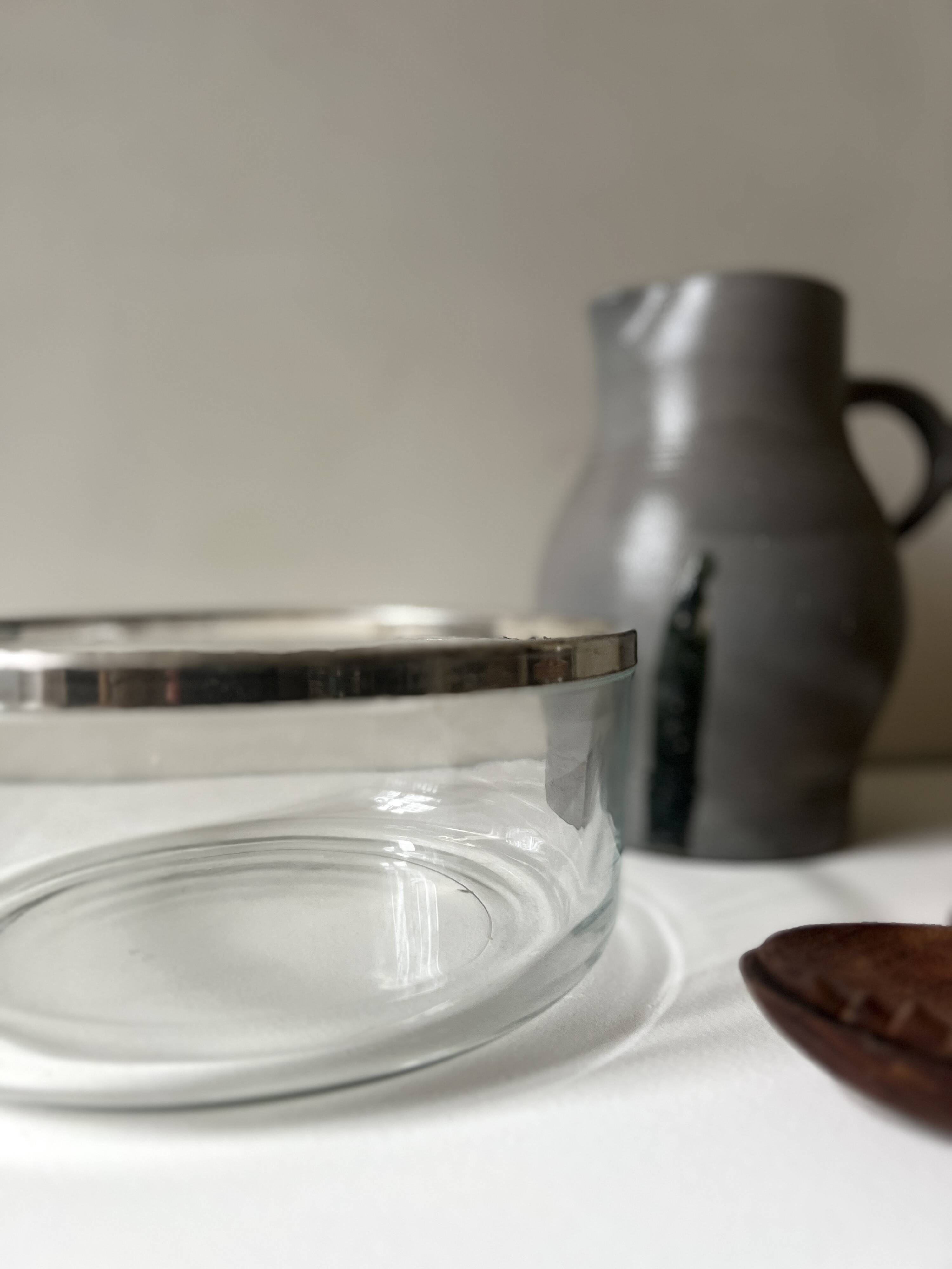 Large glass salad bowl with chrome metal rim, Bormioli Rocco Italy 1970.