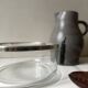 Large glass salad bowl with chrome metal rim, Bormioli Rocco Italy 1970.