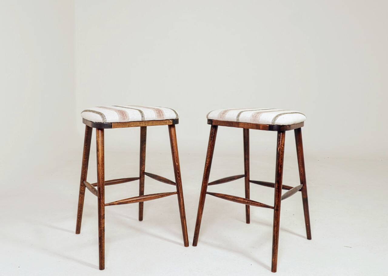 Rustic Beech Bar Stools – Striped Jacquard Fabric