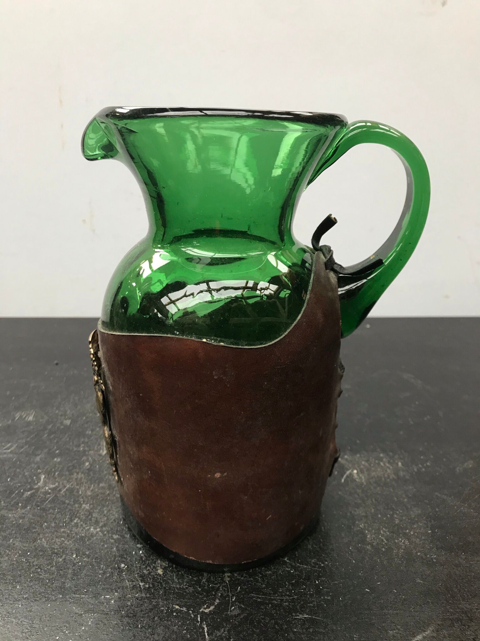 Former Carafe Pitcher Green Blown Glass - Leather - Vintage Kitchen
