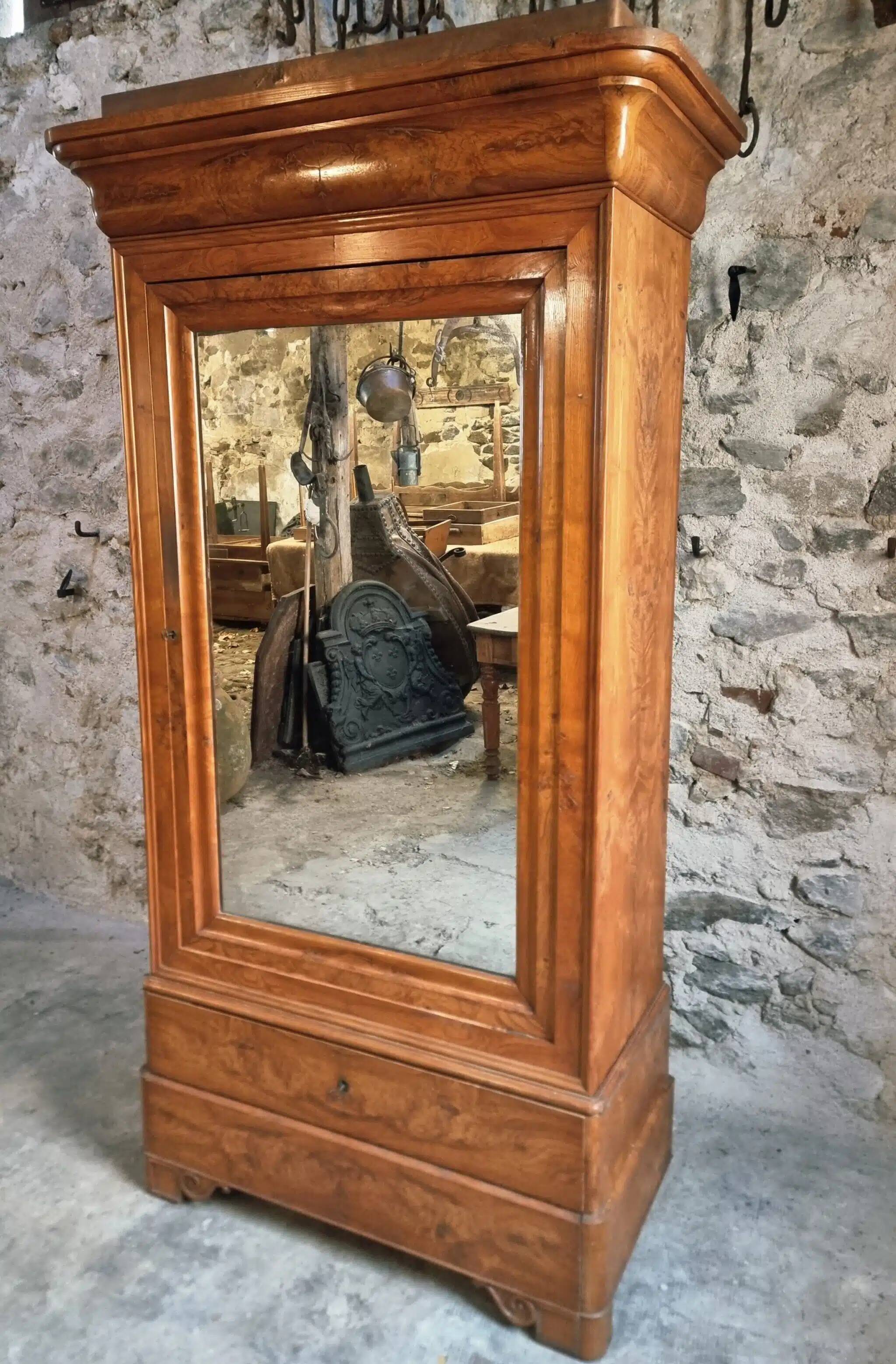 Antique French Louis Philippe wardrobe / wardrobe – elm and oak, mirrored door, 19th century