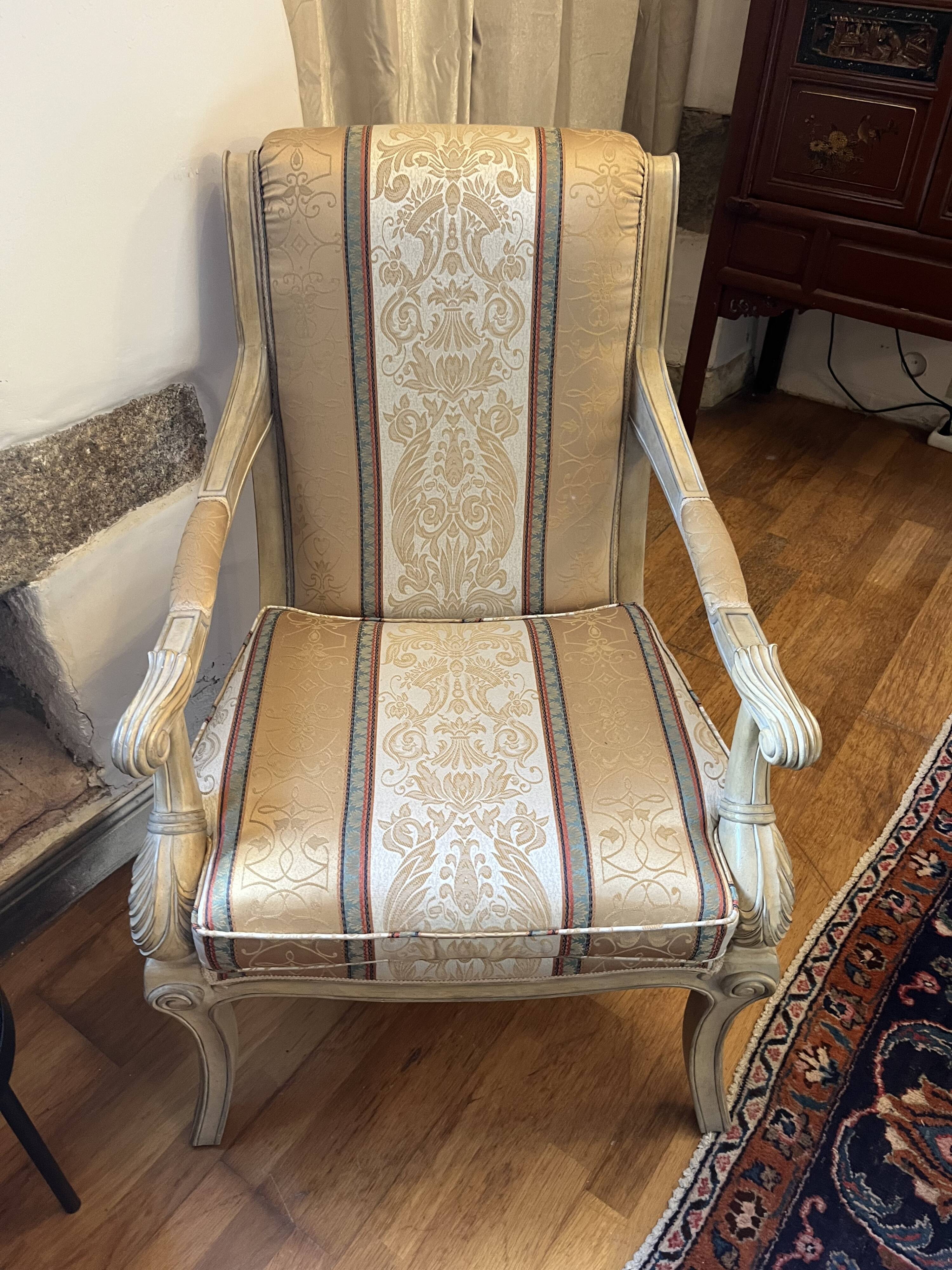 Louis XV bergère in vintage revival; timeless; provincial; French.