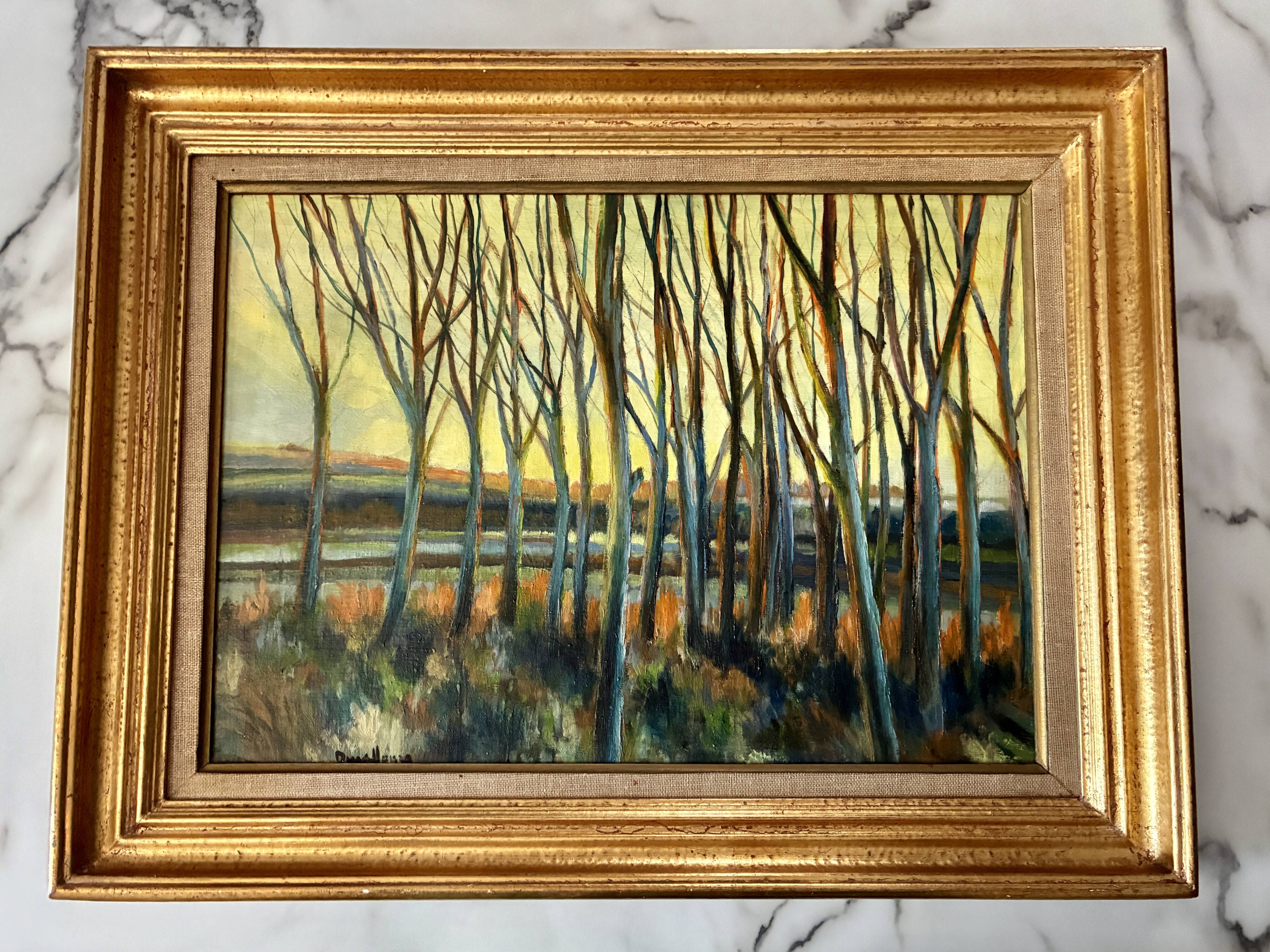 Tableau très ancien sous bois au coucher de soleil