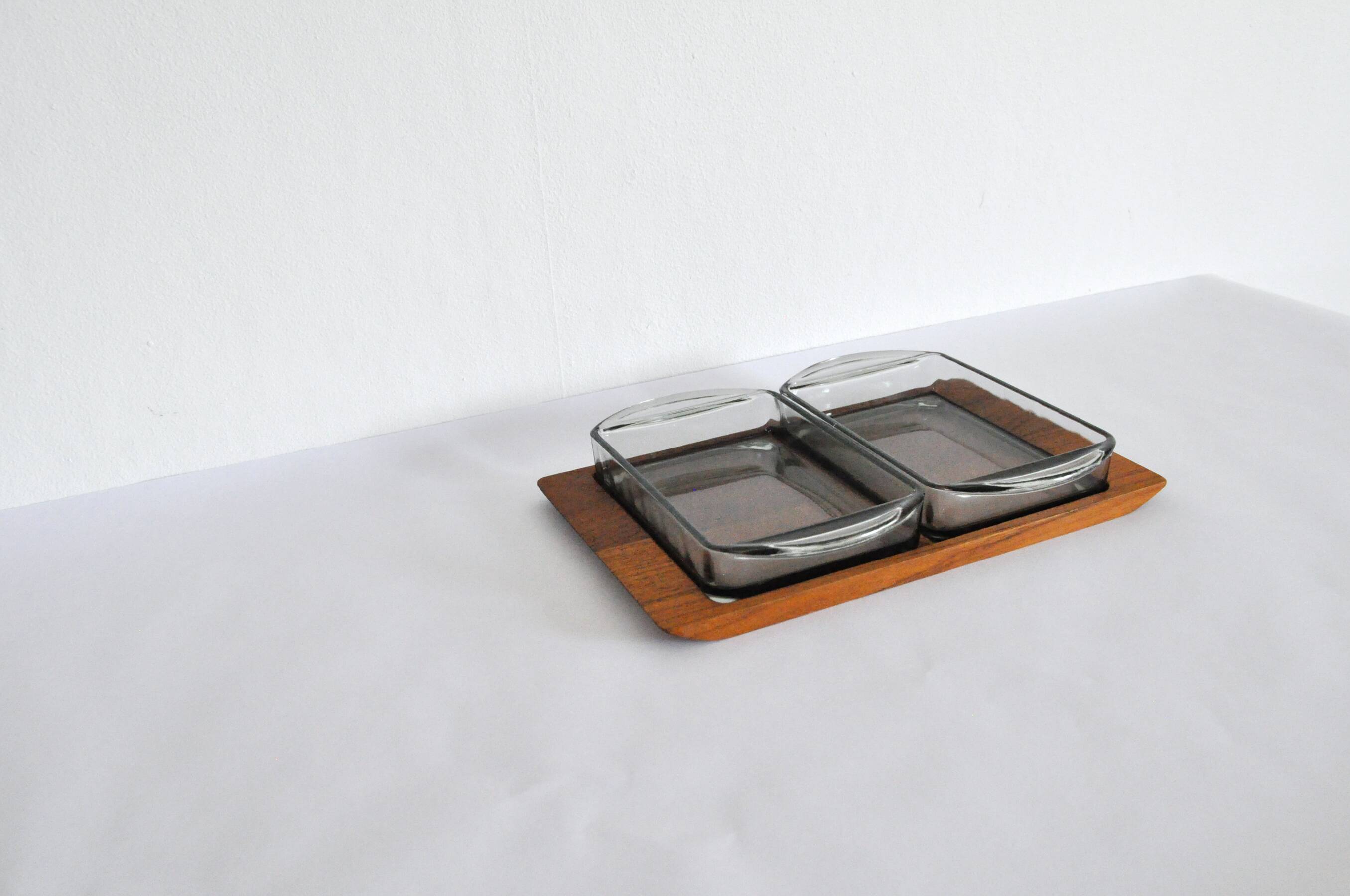 Danish Modern Teak Serving Tray with Glass Bowls by Wiggers, Denmark, 1960s