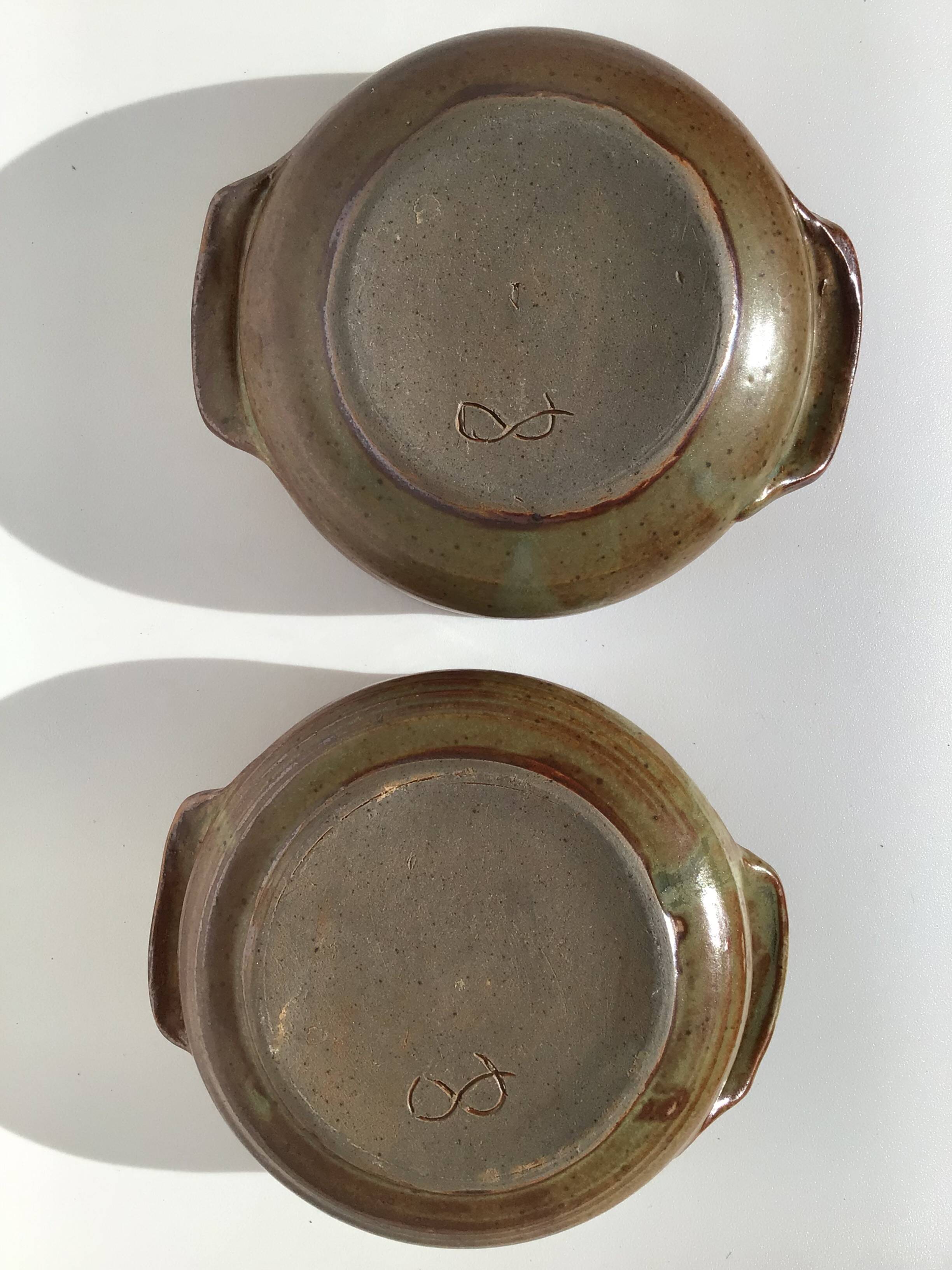 2 Bols grès artisanal brun vert signés