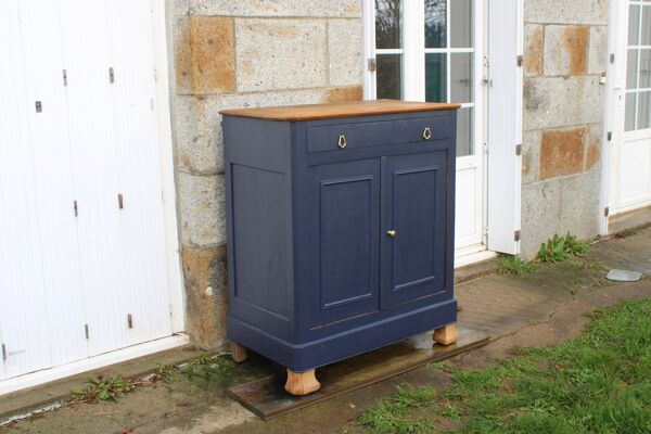 Buffet ancien en bois massif – Bleu profond & plateau bois