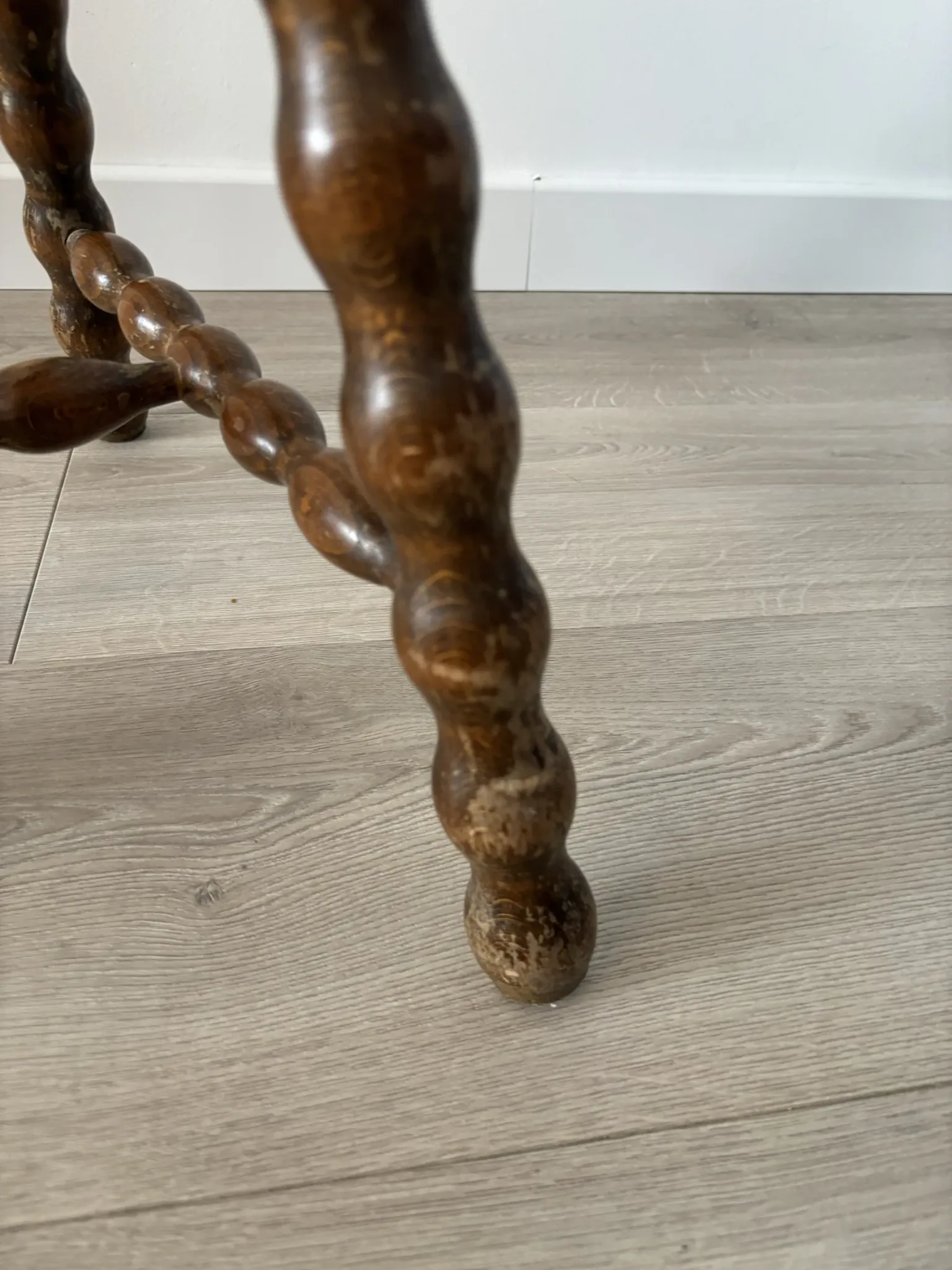 Antique tripod stool, solid wood, turned wood.