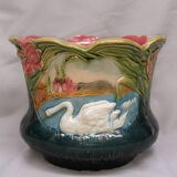 Cache-pot ancien barbotine décor aux cygnes pot à fleurs art nouveau