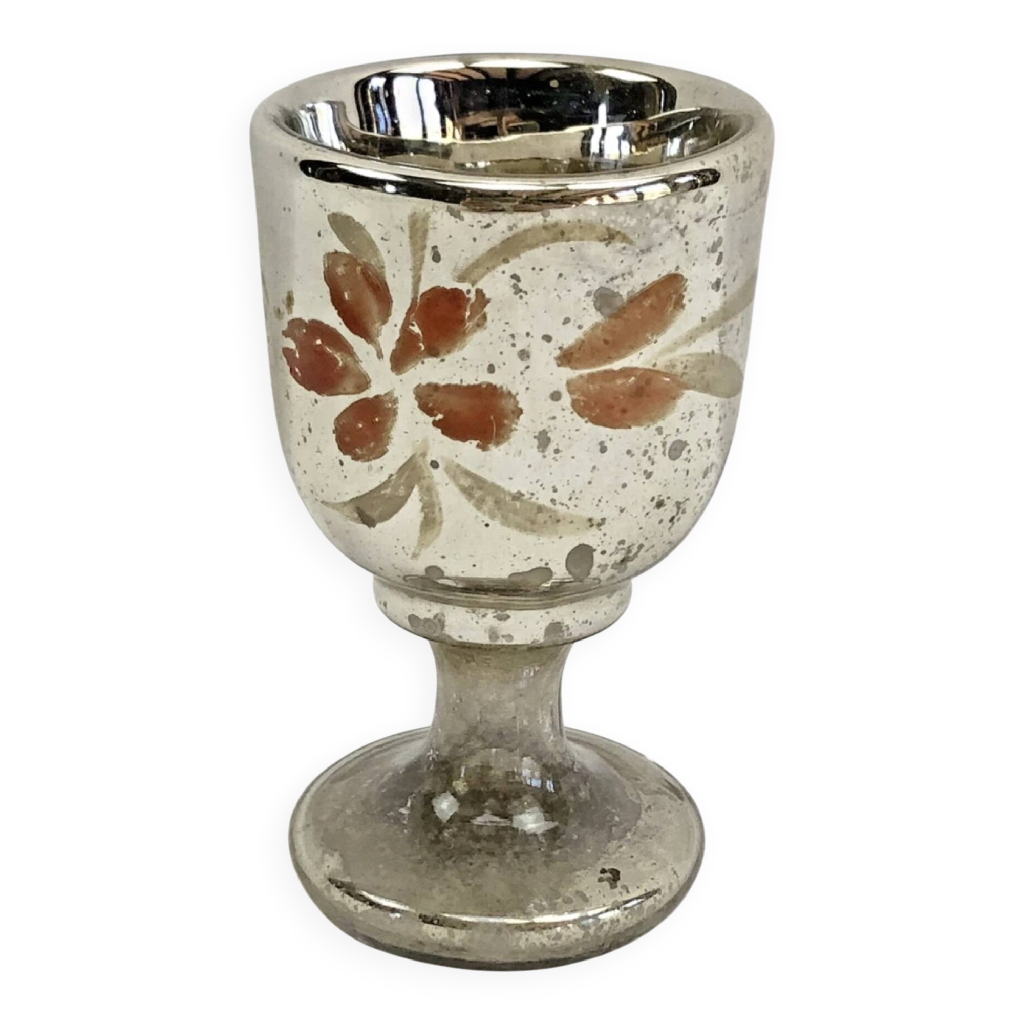 Painted blown glass egg cup with mercury gilding, 19th century.