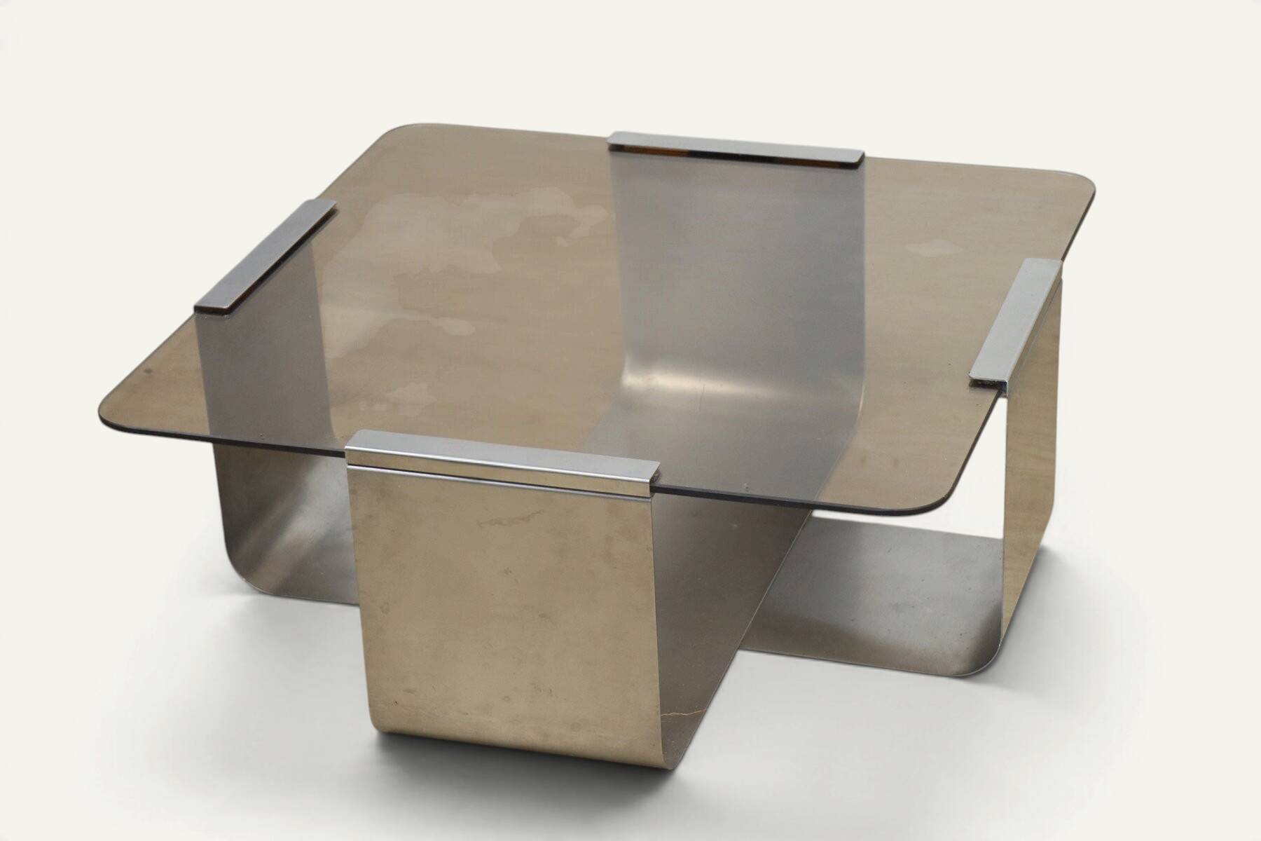 Brushed steel and smoked glass coffee table, by François Monnet – 1970s
