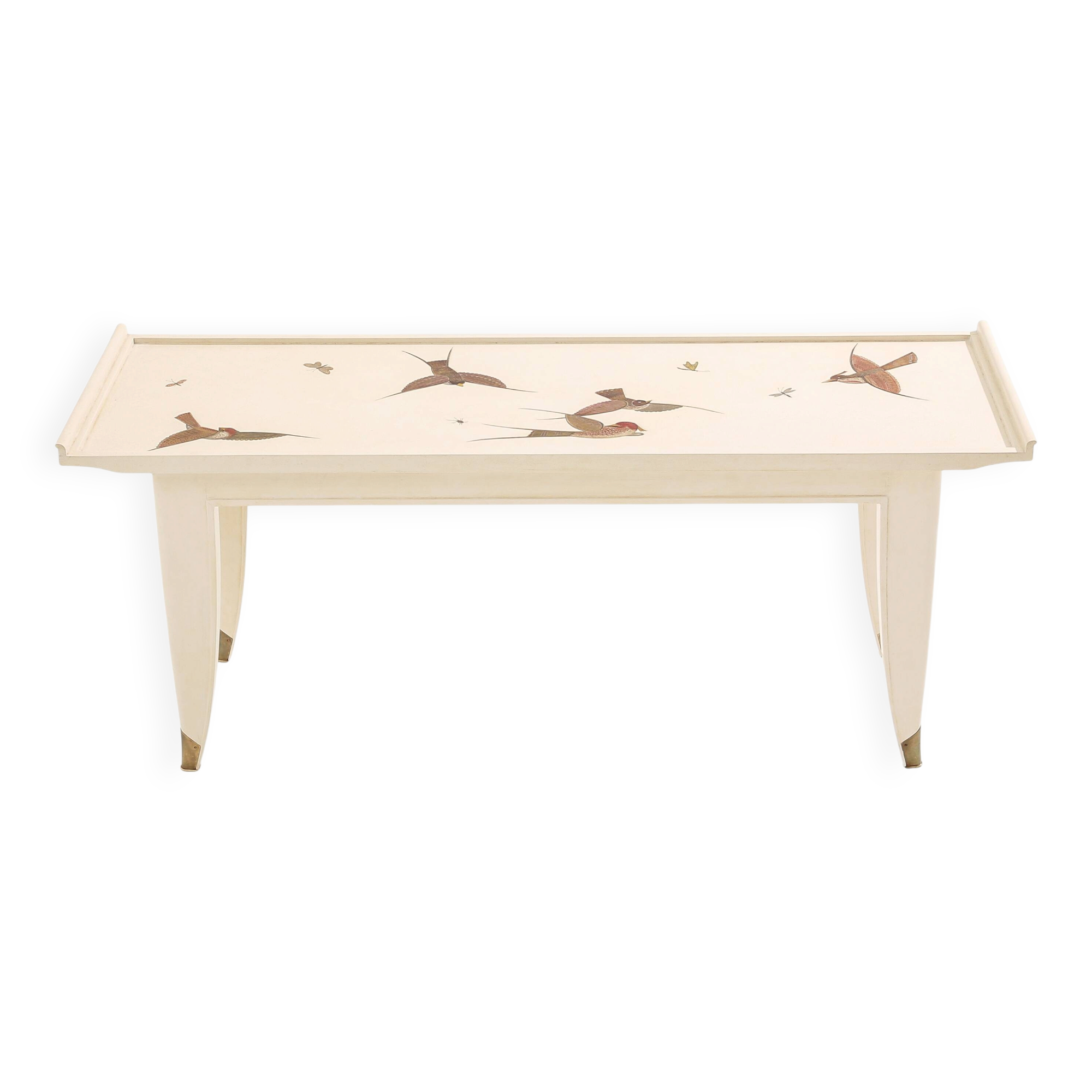 Maurice Jallot coffee table, painted oak with bird decorations, 1930.