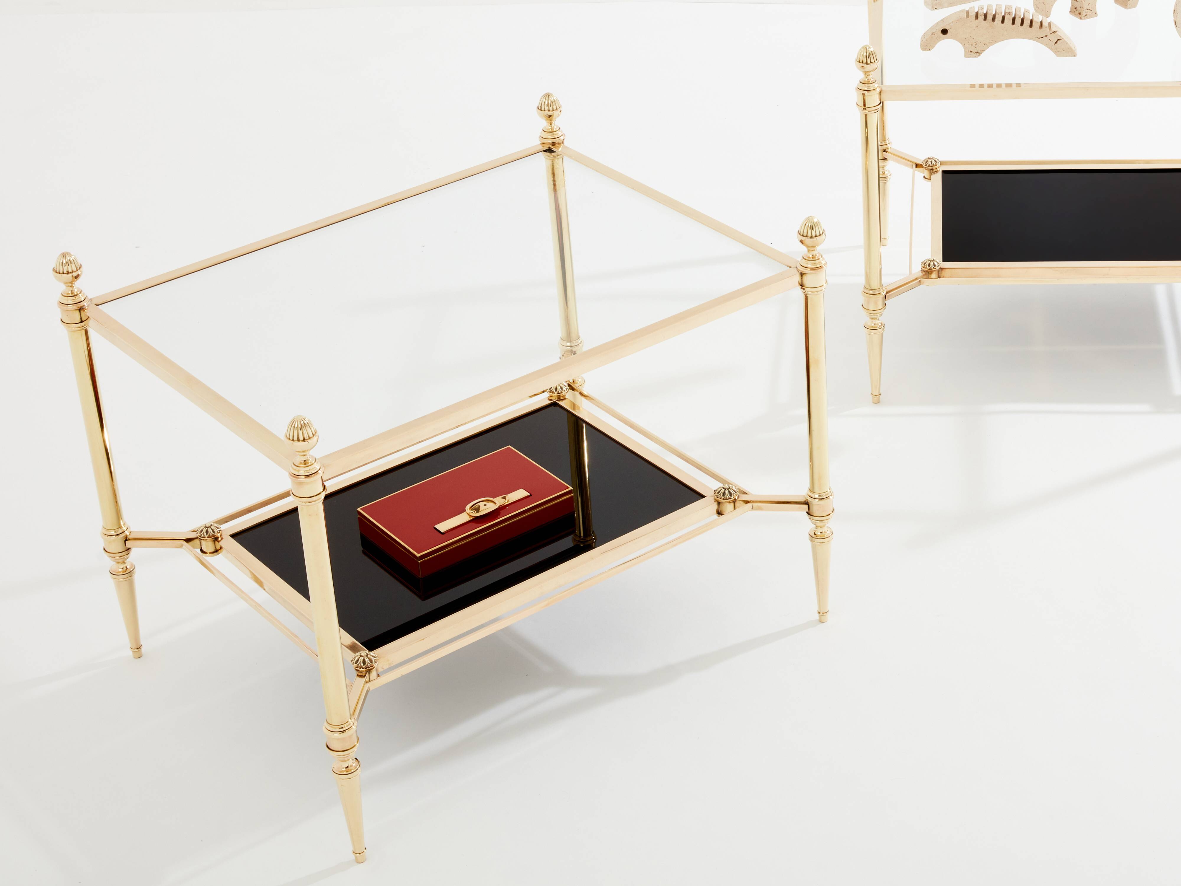 Maison Jansen style pair of brass opaline glass side tables 1970