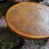 Circular coffee table with tooled leather top by Angel Pazmino for Muebles de Estilo, Ecuador 1970s