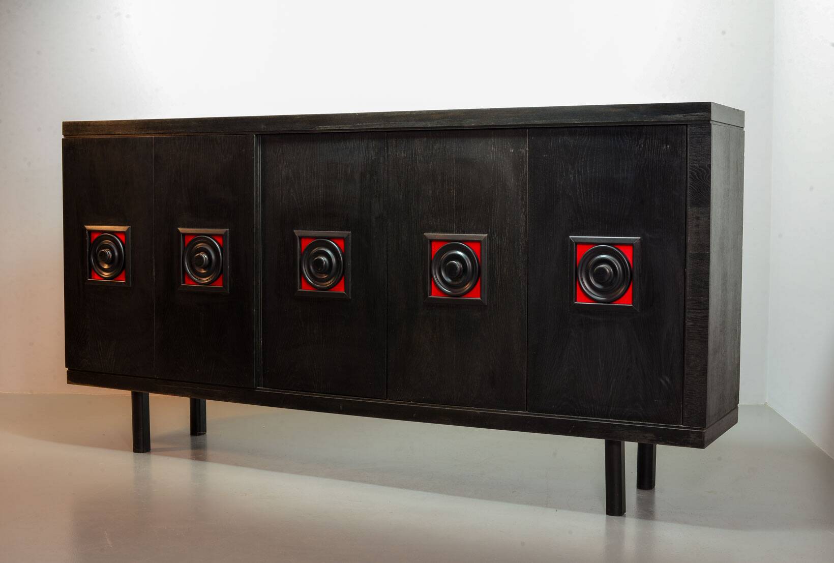 Large Brutalist Black Highboard with Red Accents Belgium 60s