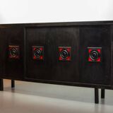 Large Brutalist Black Highboard with Red Accents Belgium 60s
