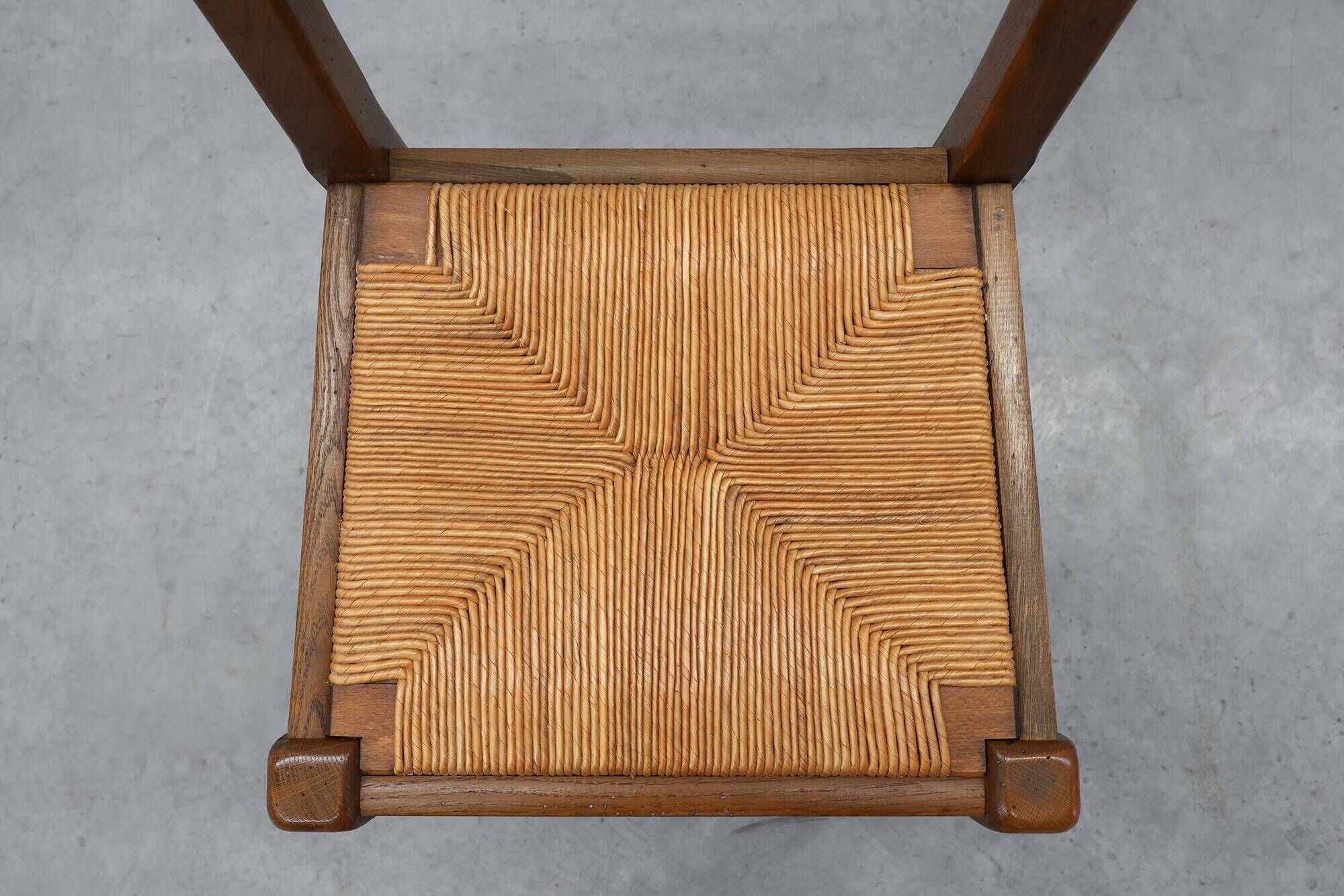 Set of 6 rustic oak ladder-back chairs with rush seats, France, 20th centur
