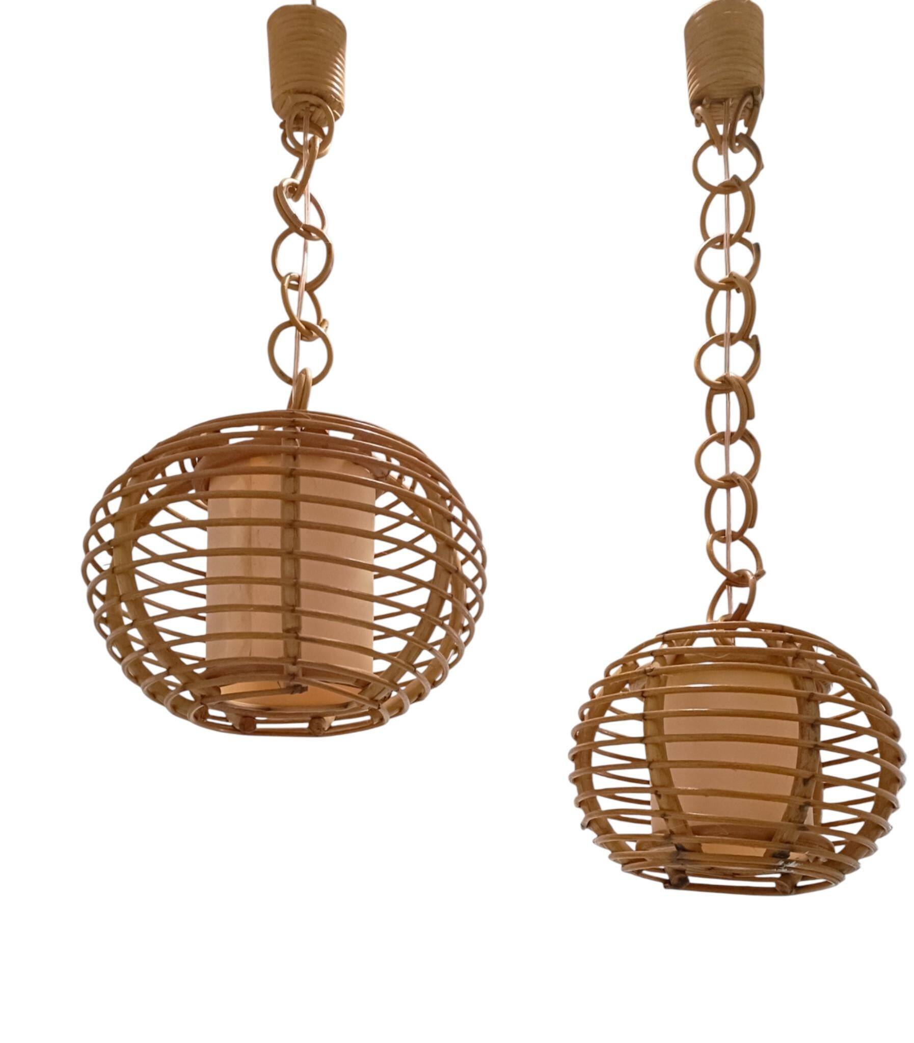 Mid-Century Globe Pendant Lamps, Bamboo & Rattan, c. 1960s