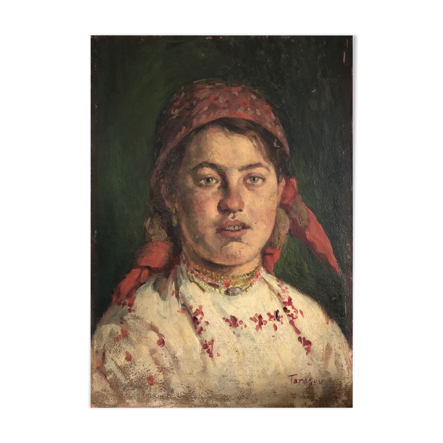 Oil on vintage panel, "Young Muscovite", signed Tarasov, early 20th century
