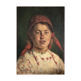 Oil on vintage panel, "Young Muscovite", signed Tarasov, early 20th century