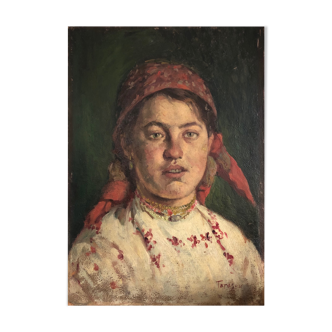 Oil on vintage panel, "Young Muscovite", signed Tarasov, early 20th century